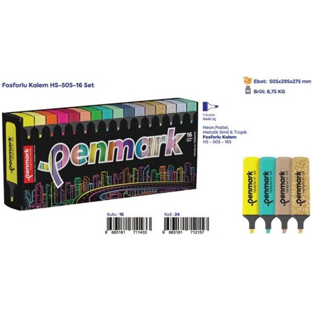 FOSFORLU KALEM 16 Lİ SÜPER KUTU 4 NEON+4 PASTEL +4 TROPİK+4 SİMLİ