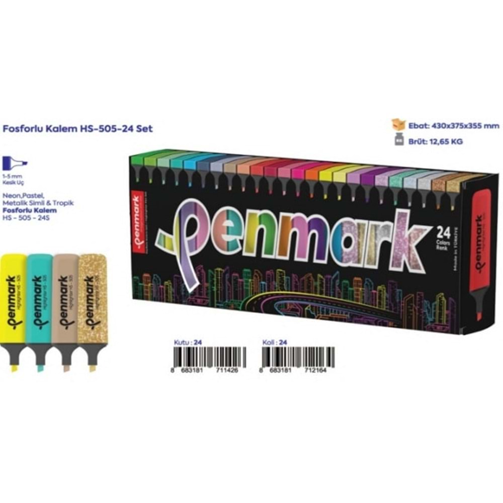 FOSFORLU KALEM 24 LÜ SÜPER KUTU 6 NEON+6 PASTEL + 6 TROPİK+6 SİMLİ