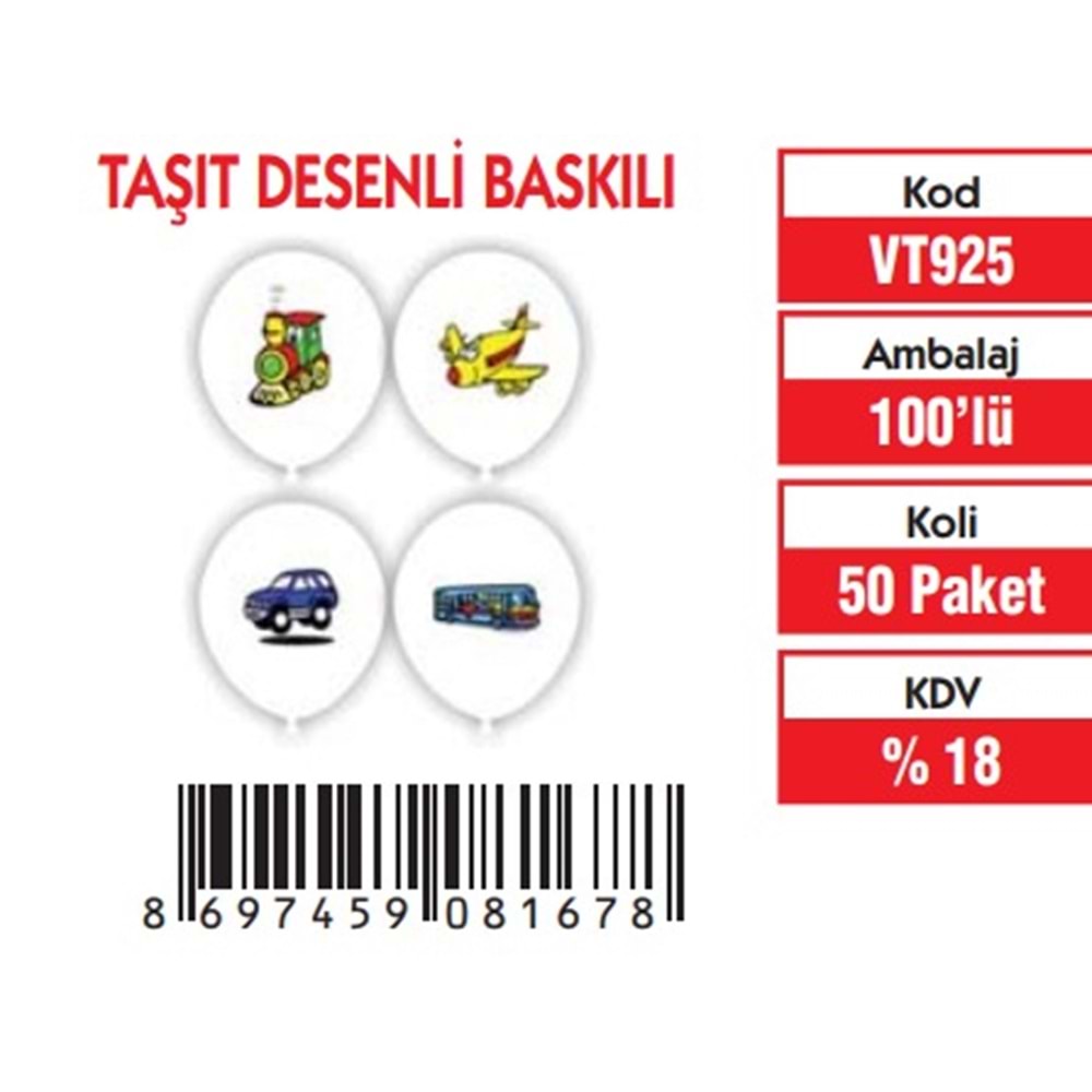 TAŞIT DESENLİ BALON 100 LÜ