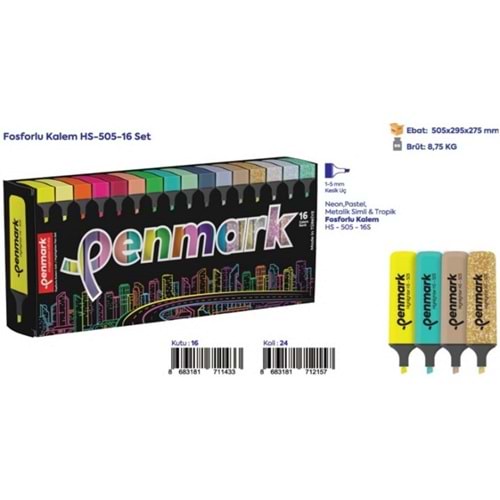 FOSFORLU KALEM 16 Lİ SÜPER KUTU 4 NEON+4 PASTEL +4 TROPİK+4 SİMLİ