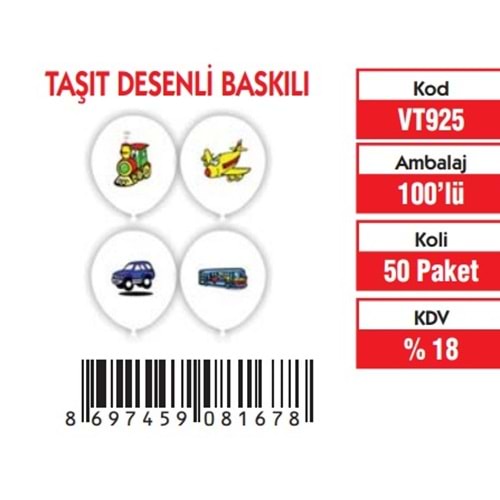 TAŞIT DESENLİ BALON 100 LÜ